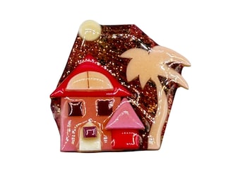 Vintage House Pin By Lucinda Vintage Handcrafted Brooch Red Pink Tones