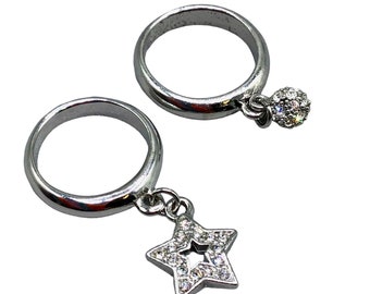 Rings with Dangles Set of 2 Silver Tone Ball & Star Charms Size 6.5 and Size 8