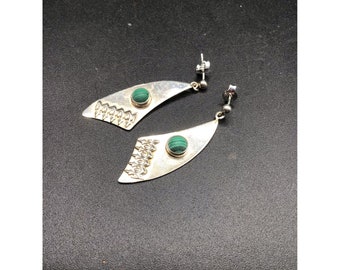 Sterling Silver Dangle Earrings Pierced Southwestern Design Malachite Cabochons