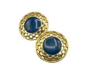 Vintage Clip On Earrings Gold Tone & Dark Blue Enamel Round Openwork Buttons