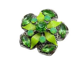 Vintage Green Rhinestones Flower Pin Brooch Layered Design with Enamel Leaf
