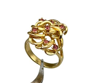 Vintage Gold Tone Cocktail Ring with Pink Rhinestones Size 4.5 Small Size