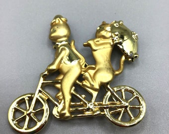AJC Two Cats on Bicycle Pin Brooch Gold Tone Figural Animals Cat with Umbrella