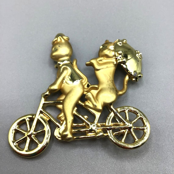 AJC Two Cats on Bicycle Pin Brooch Gold Tone Figur