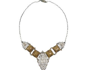 Antique Czech Glass Necklace Silver Tone Filigree 14" Long Chain Short Necklace