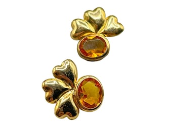 Citrine Color Glass Stones Studs Earrings Pierced Gold Over Sterling Silver
