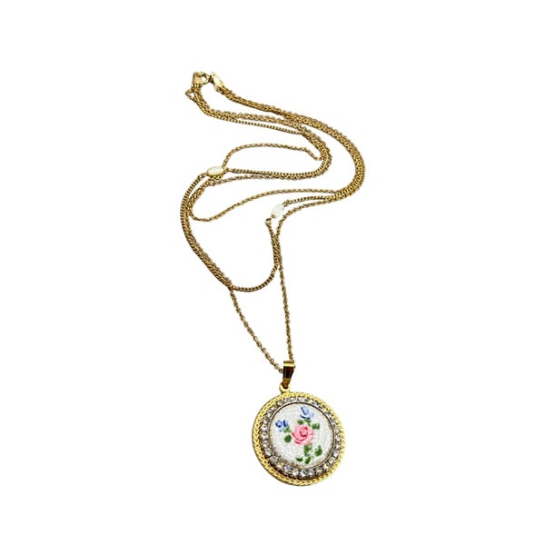 Vintage Guilloche Multichain Necklace Gold Tone & Rhinestones Flower Handpainted