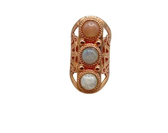 Rose Gold Plated Ring Size 4 Signed BBJ Wide Ring With Semi Precious Stones