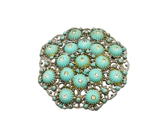 Vintage Czechoslovakia Pin Brooch Blue Glass Cabochon Ornate Filigree Setting