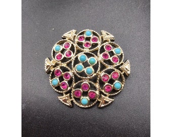 Vintage Sarah Coventry Ceylon Pin Gold Tone Blue & Pink Stones Signed Brooch