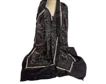 Vintage ANNE KLEIN Silk Scarf Hand Rolled Long Rectangular Black Beige Paisley