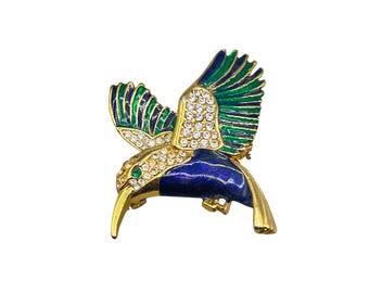Vintage Hummingbird Pin Green Blue Enamel and Rhinestones Pave Bird Brooch