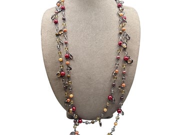 JOAN RIVERS Long Faux Pearls Necklace Colorful Acrylic Beads Red Brown Tone