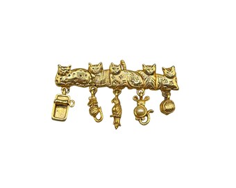 Vintage AJC Gold Tone Cats Brooch with Dangling Charms Hanging Ornaments