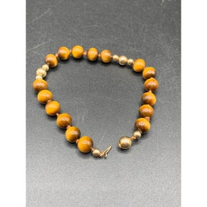 Gold Filled Tiger Eye Bracelet Beaded Hand Knotted Vintage Polished Semi Precious Stone Bracelet