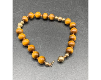 Gold Filled Tiger Eye Bracelet Beaded Hand Knotted Vintage Polished Semi Precious Stone Bracelet