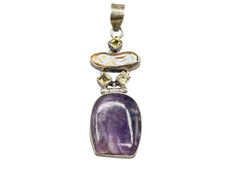 Unique Handmade 925 Sterling Silver Pendant with Amethyst Pearl Genuine Stones