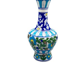 Vintage Indian Pottery Vase Hand Painted Blue Tones Floral Design 8" Tall