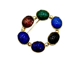 Vintage Scarabs Pin brooch Glass Carved Scarabs Colorful Round Wreath Pin