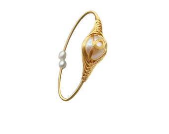 Wire Wrapped Pearls Bracelet Gold Tone Wire and Genuine Pearls Bangle Cuff