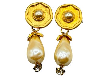 Vintage Gold Tone Clip On Earrings with Faux Pearl Crystal Drop Dangle Earrings