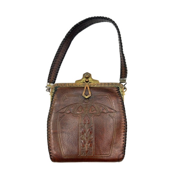Antique Tooled Leather Purse Bat Design Art Nouveau Turnlock Bag Circa 1900-1910