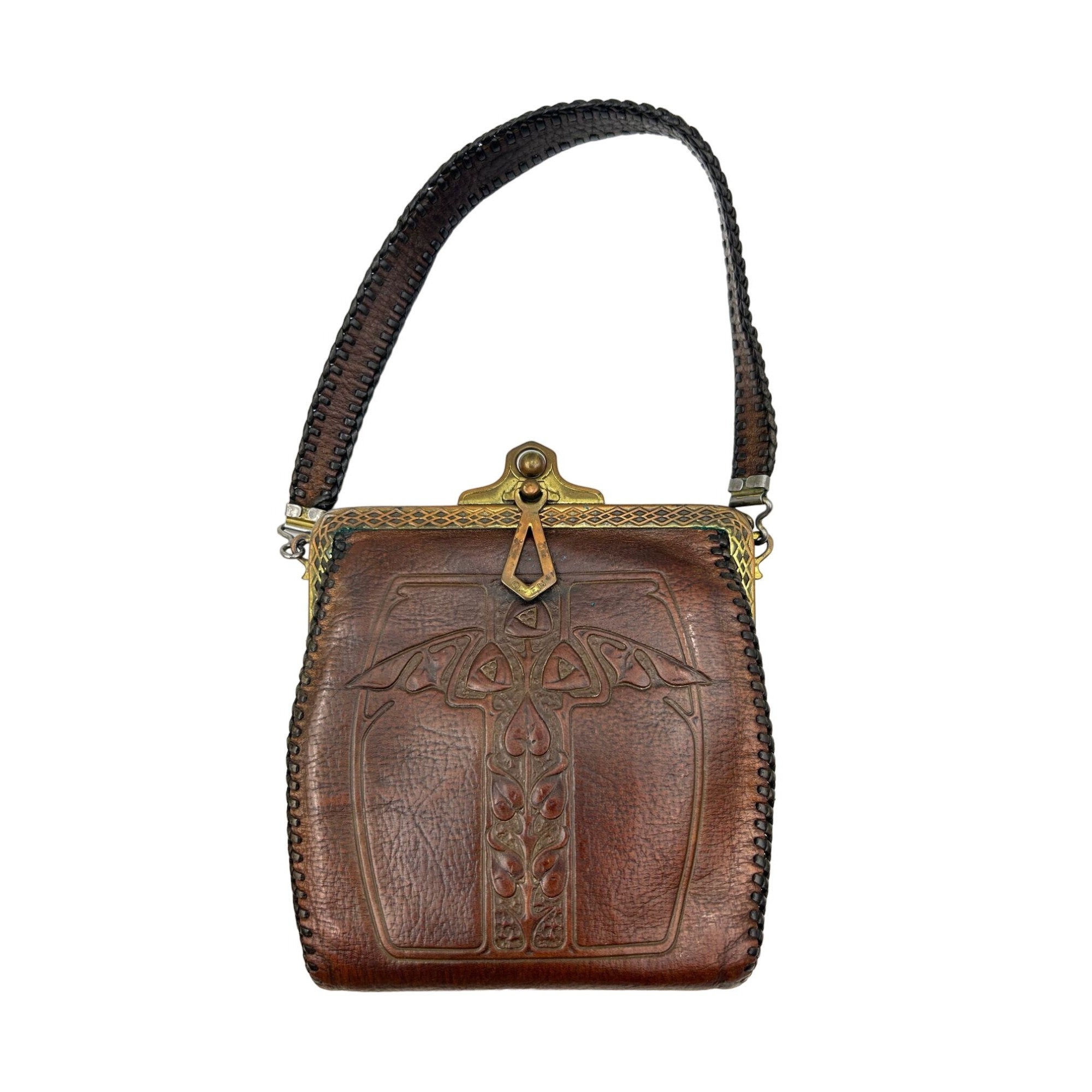Antique Tooled Leather Purse Bat Design Art Nouveau Turnlock