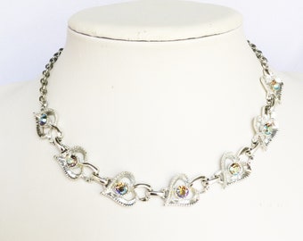 Rhinestones Hearts Necklace Silver Color Aurora Borealis Rhinestones Love Hearts