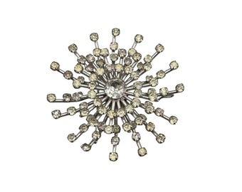 Spray Of Rhinestones Pin Brooch Silver Tone And Prong Set Clear Glass Stones