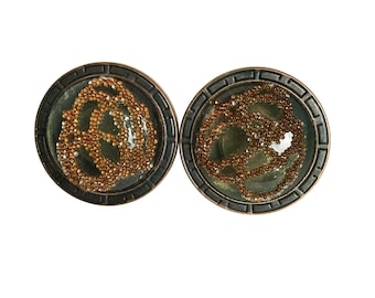 Made in Italy Retro Button Earrings 80s Statement Clip On Dark Green Round