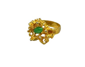 Brutalist Gold Tone Ring with Green Glass Stone & Adjustable Band