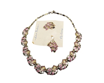 Vintage Dusty Lilac Pink Floral Necklace And Matching Earrings 70s Enamel Costume Jewelry