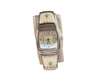 ECCLISSI WRIST WATCH Sterling Silver Turquoise Mother of Pearl Accents Quartz Wrist Watch Southwestern Style Model 23800