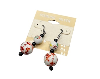 Vintage Beaded Dangle Earrings Oriental Handpainted Ceramic Beads Sterling Hooks