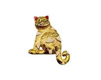 Vintage Gold Tone Enamel Cat Brooch Pin With Red & Green Eyes Accents
