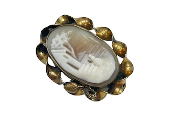 Vintage Carved Genuine Shell Cameo Brooch Rebecca at the Well Scenic Collectible