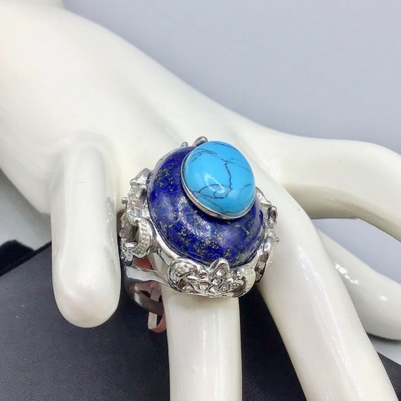 Lapis Lazuli & Turquoise Stone Ring Size 8 Semi P… - image 10