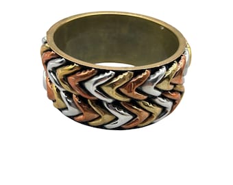 Mixed Metal Brass Copper Silver Tone Chevron Design Chunky Wide Bangle Bracelet