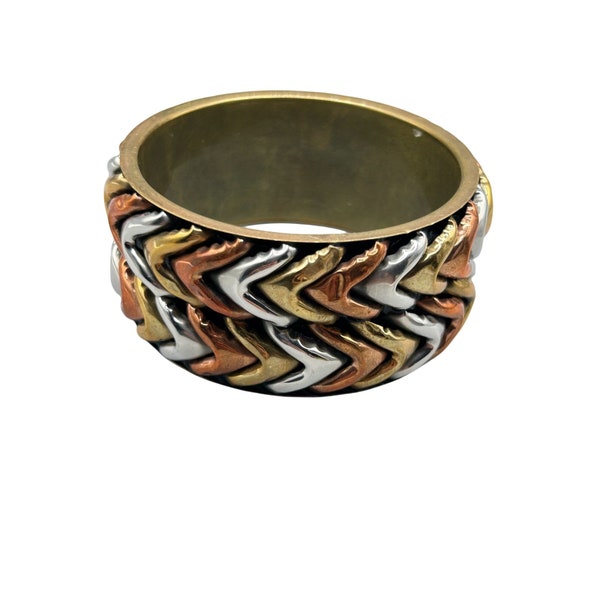 Mixed Metal Brass Copper Silver Tone Chevron Design Chunky Wide Bangle Bracelet