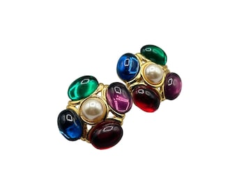 Signed NAPIER Clip On Earrings 80s Jeweled Multicolor Cabochons with Faux Pearls