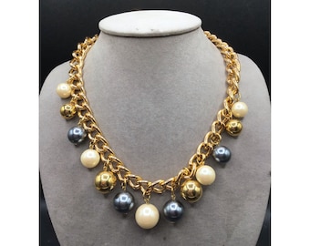 Vintage 90s Chunky Chains & Pearls Bauble Necklace Gold Tone Lightweight Beaded