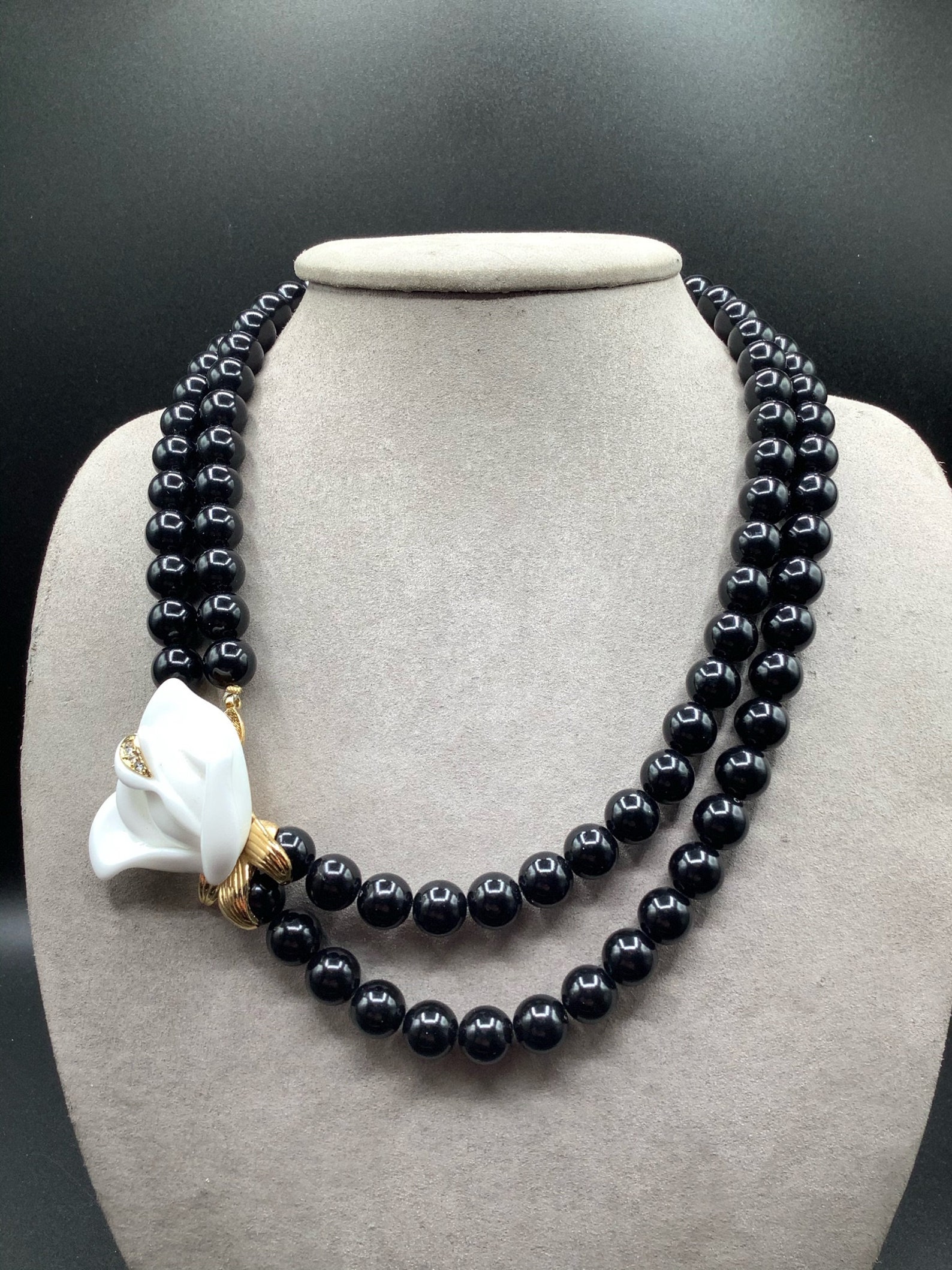 Signed KJL white rose flower necklace with black beads and Etsy