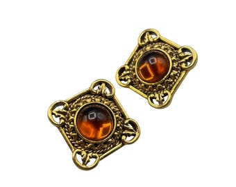 Vintage Clip On Earrings Gold Tone And Honey Color Acrylic Cabochons Ornate Square Design