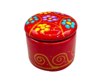 Vtg Mexican Redware Trinket Box Red Flower Pottery Terracotta Hand Painted