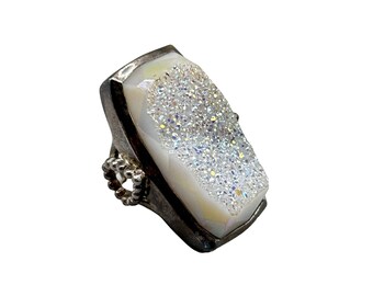 Adjustable Druzy Ring Sterling Silver Statement Sparkling Stone Geometric Shape