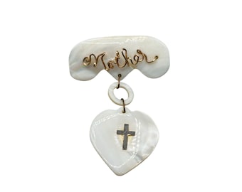 Antique Mother of Pearl MOTHER Pin Brooch Shell Wire Wrapped Heart Cross Dangle