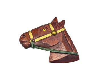 Vintage Wooden Horse Head Brooch Pin Hand Carved Collectible Animal Jewelry