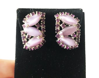 Purple Earrings Clip On Glass Rhinestones Unusual Design Vintage Jewelry