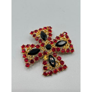 M. Jent Maltese Cross Brooch Gold Tone Red Black Crystal Rhinestones Signed Pin