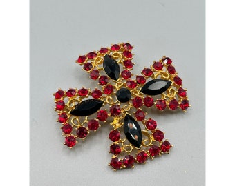 M. Jent Maltese Cross Brooch Gold Tone Red Black Crystal Rhinestones Signed Pin